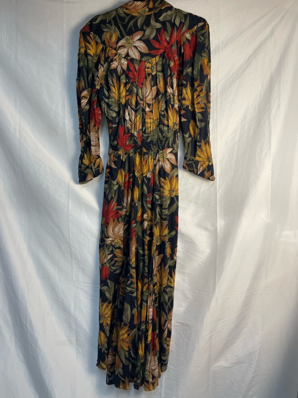 Tropical Midi Shirt Dress Boho Fall Button Front 3/4 Sleeve - Picture 2 of 8
